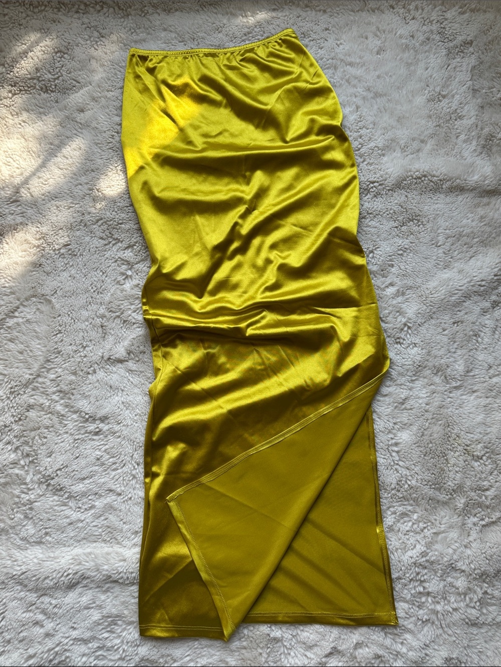 PrettyLittleThing Chartreuse Satin Maxi Skirt NWT Split